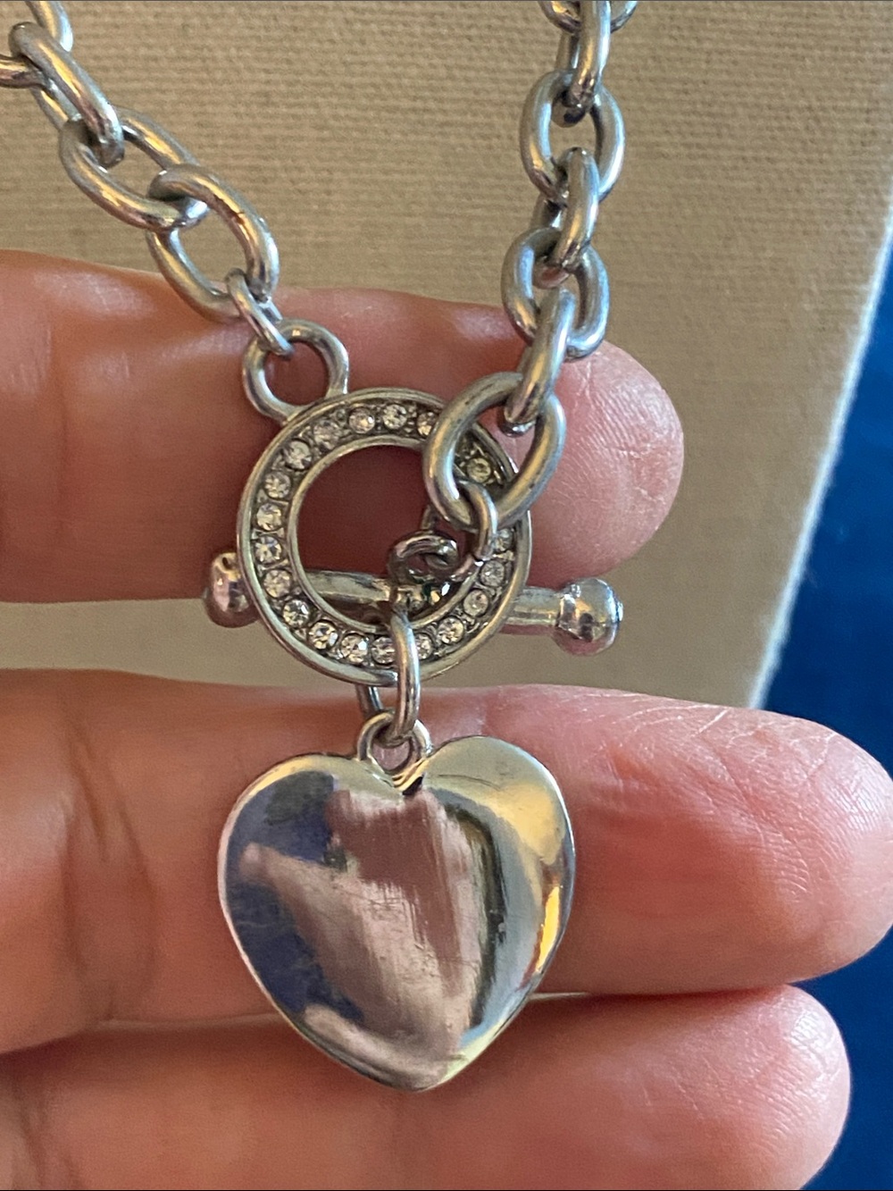 Silver Tone Heart Pendant Toggle Necklace Rhinestone Accent 18”